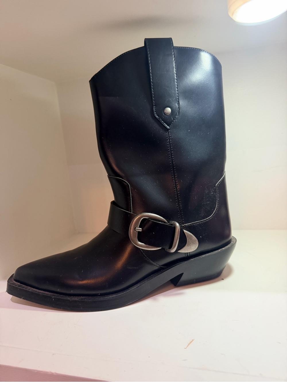 H&M Black Leather Western Ankle Boot with Buckle